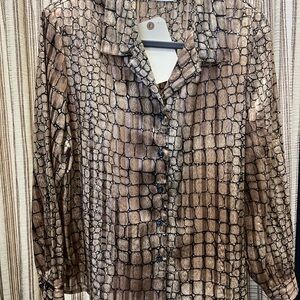 Vintage Button-Front Blouse in Gold Croc Print L